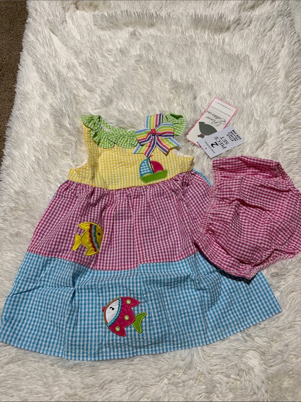 Rare Editions Yellow Pink Blue Gingham Appliqué Dress with Bloomers